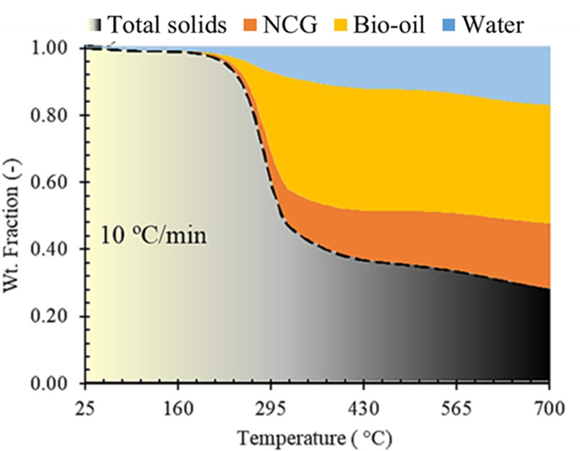 Evolution of solids, non-condensable gases, liquid products and water during pyrolysis.