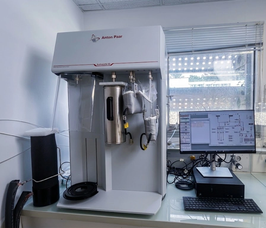 Anton Paar Autosorb iQ automatic gas physisorption analyzer in the laboratory, with its control workstation