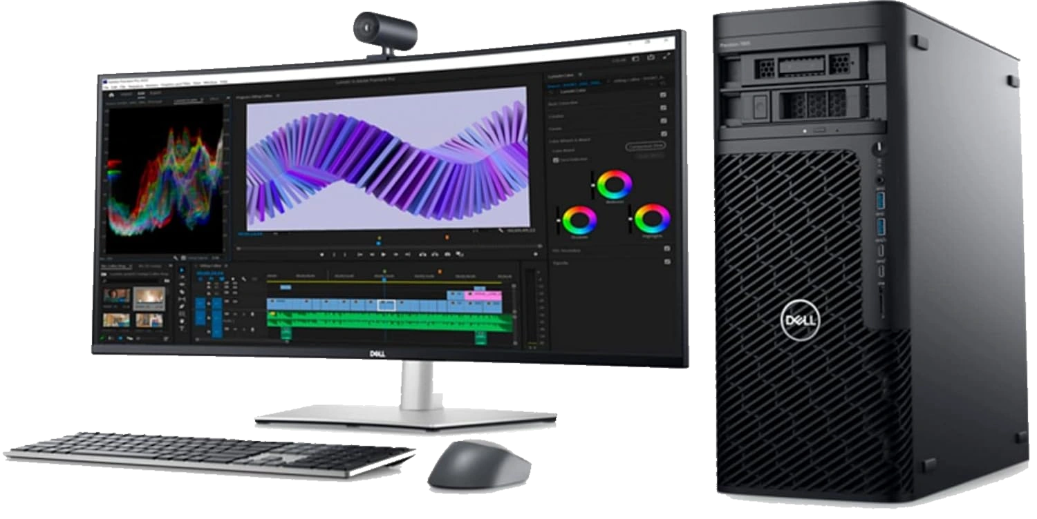 Dell Precision 7875 Tower workstation with monitor, keyboard, and mouse